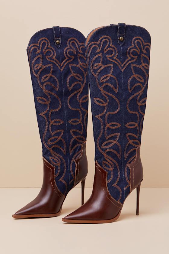 Tyrant Denim Multi Leather Knee-High High Heel Western Boots Product Image