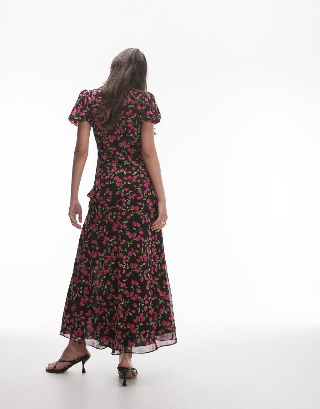 Topshop ruched sleeve occasion dress in red floral print Product Image