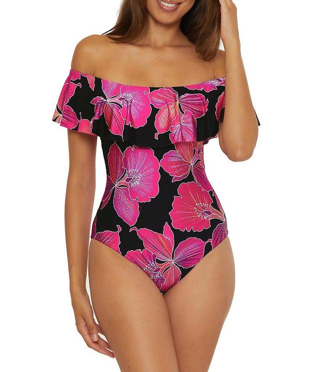 Trina Turk Fleury Floral Off-The-Shoulder Ruffle One Piece Swimsuit Product Image