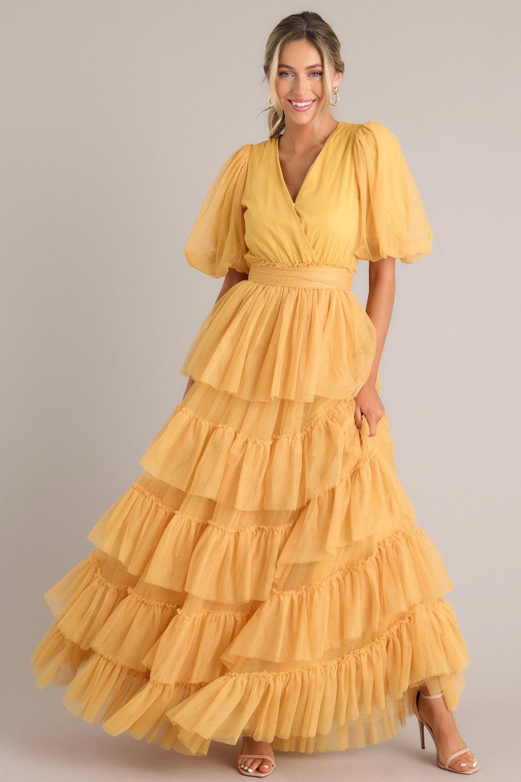 A Beautiful Feeling Yellow Tiered Tulle Maxi Dress Product Image