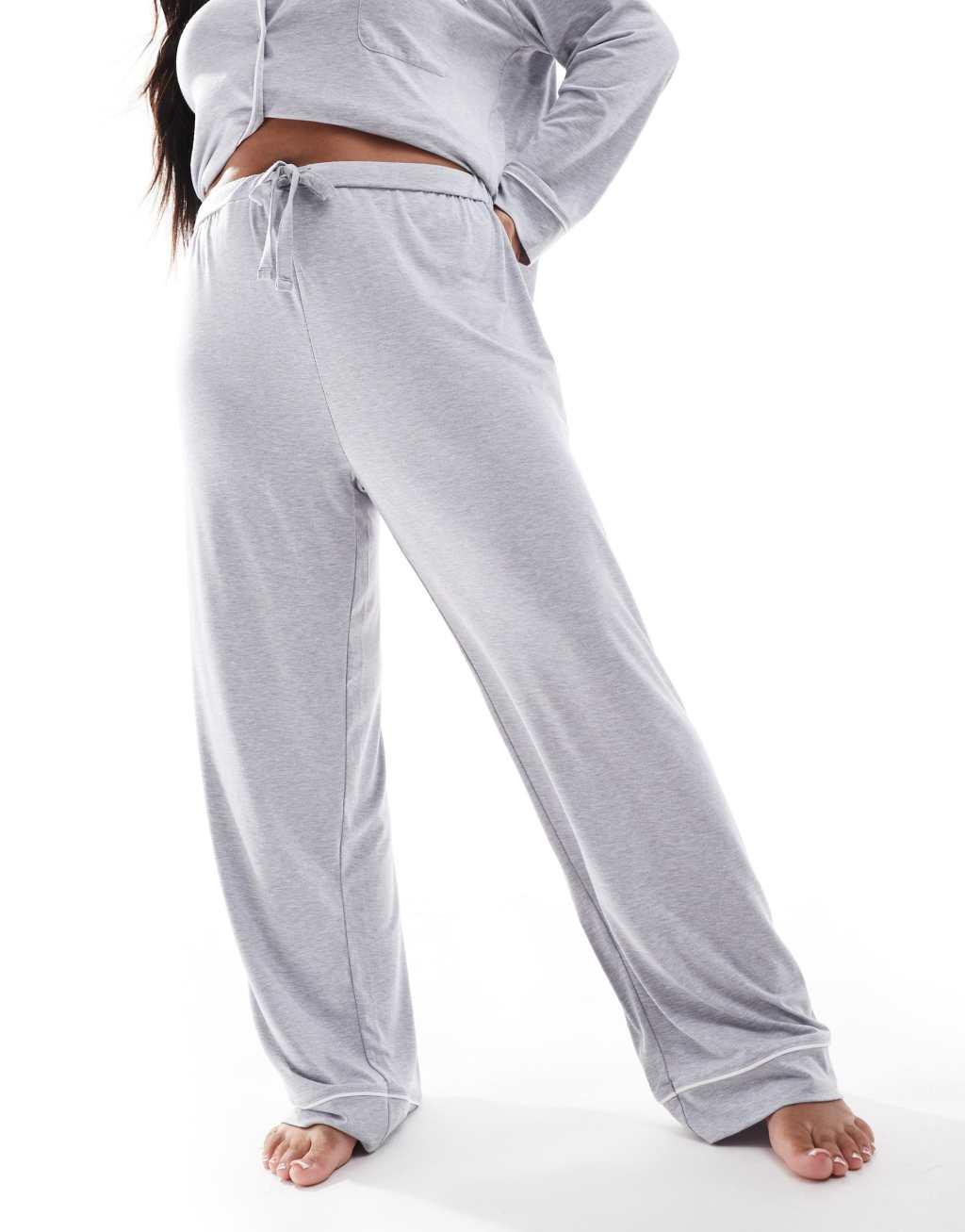 ASOS DESIGN Curve super soft long sleeve shirt & pants pajama set with contrast piping in gray Product Image