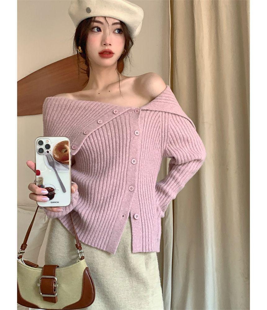 Long-Sleeve Off-Shoulder Plain Asymmetrical Button Knit Top Product Image