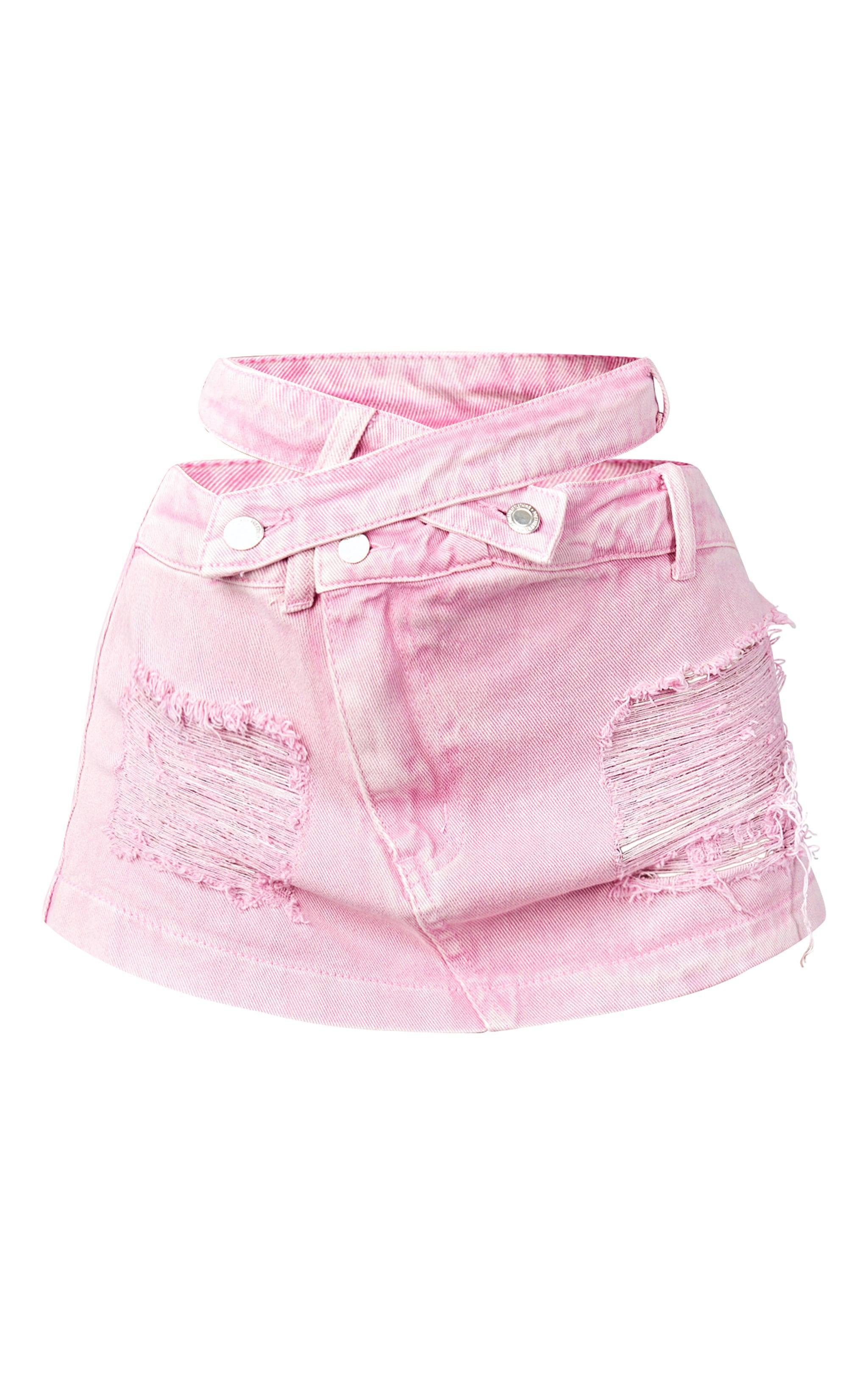 Petite Pink Distressed Cut Out Waistband Mini Skirt Product Image