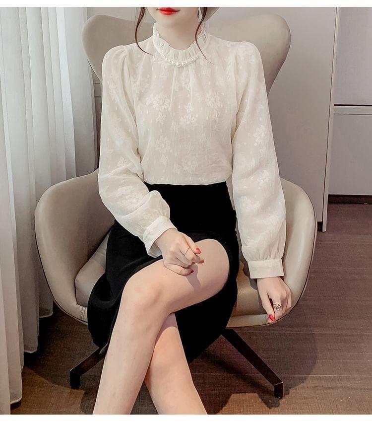 Long-Sleeve Floral Faux Pearl Lace Blouse Product Image