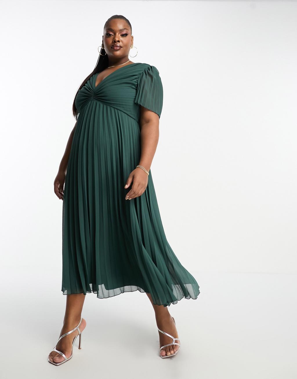 ASOS DESIGN Curve pleated bodice flutter sleeve pleat midi dress in pine green Product Image