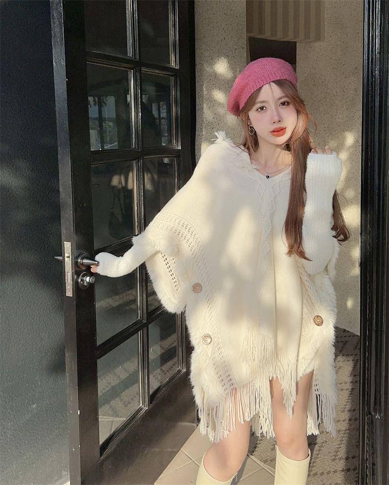 Hooded V-Neck Fringe Trim Knit Cape Product Image