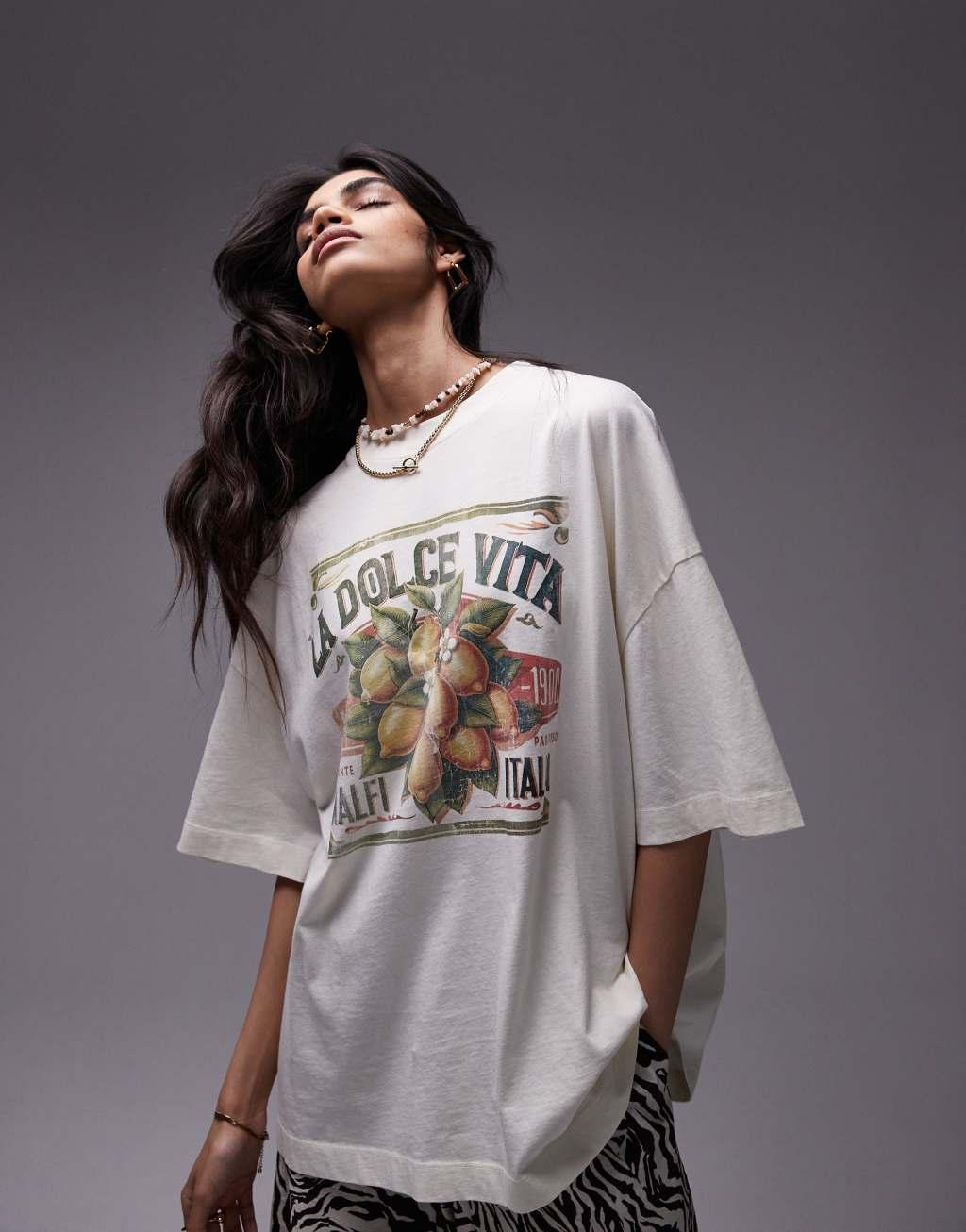 Topshop graphic la dolce vita tee in ecru Product Image