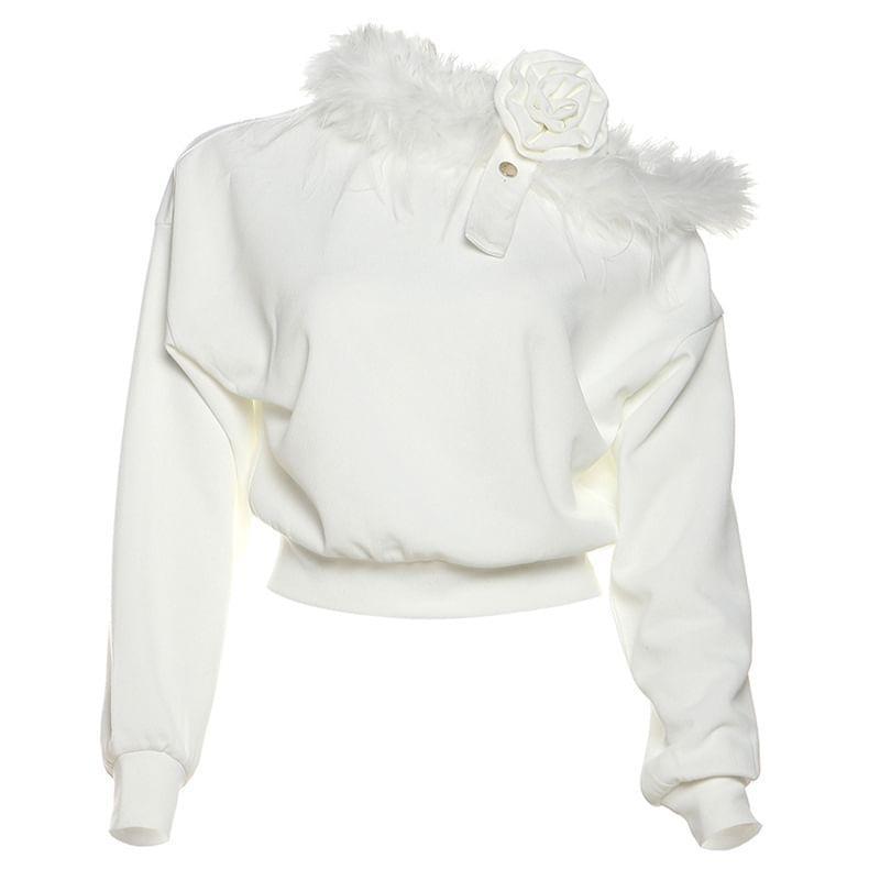 Long Sleeve Cold-Shoulder 3D Flower Furry-Trim Crop Top product image