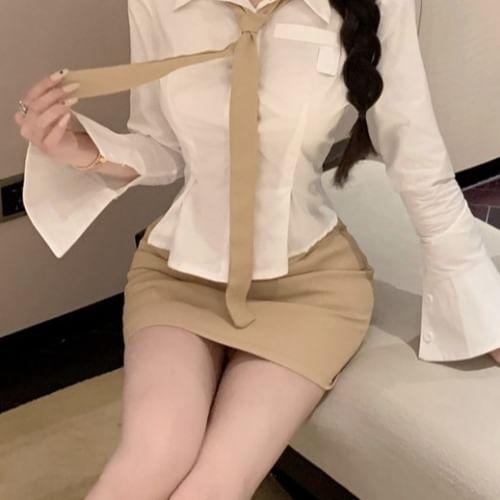 Long-Sleeve Plain Crop Shirt / Tie / Mini Pencil Skirt / Set Product Image