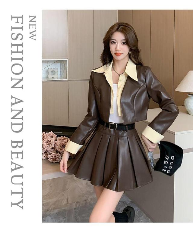 Set: Collared Mock Two Piece Faux Leather Crop Jacket + High Rise Plain Mini Pleated Skirt + Tank Top Product Image