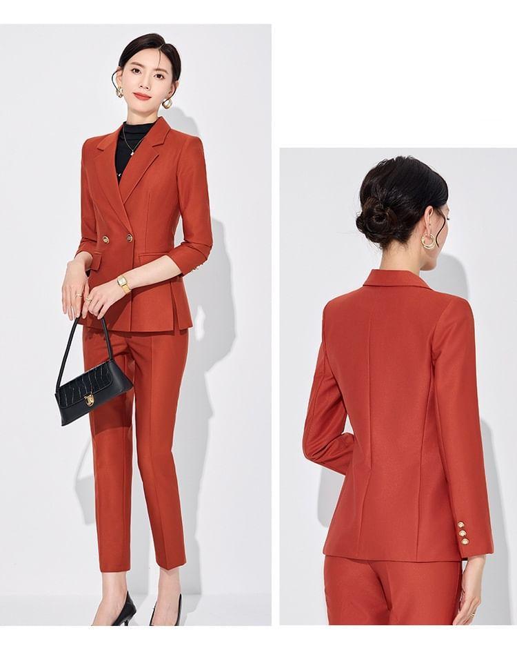 Lapel Collar Plain Double Breasted Blazer / Mid Rise Plain Slacks Product Image