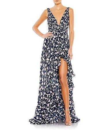 Mac Duggal Floral Print Sleeveless Ruffle Tiered High-Low Plunging V Product Image