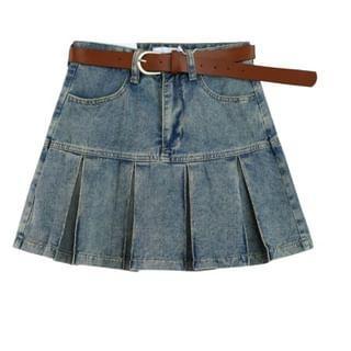 Mid Rise Washed Pleated Mini A-Line Denim Skirt Product Image