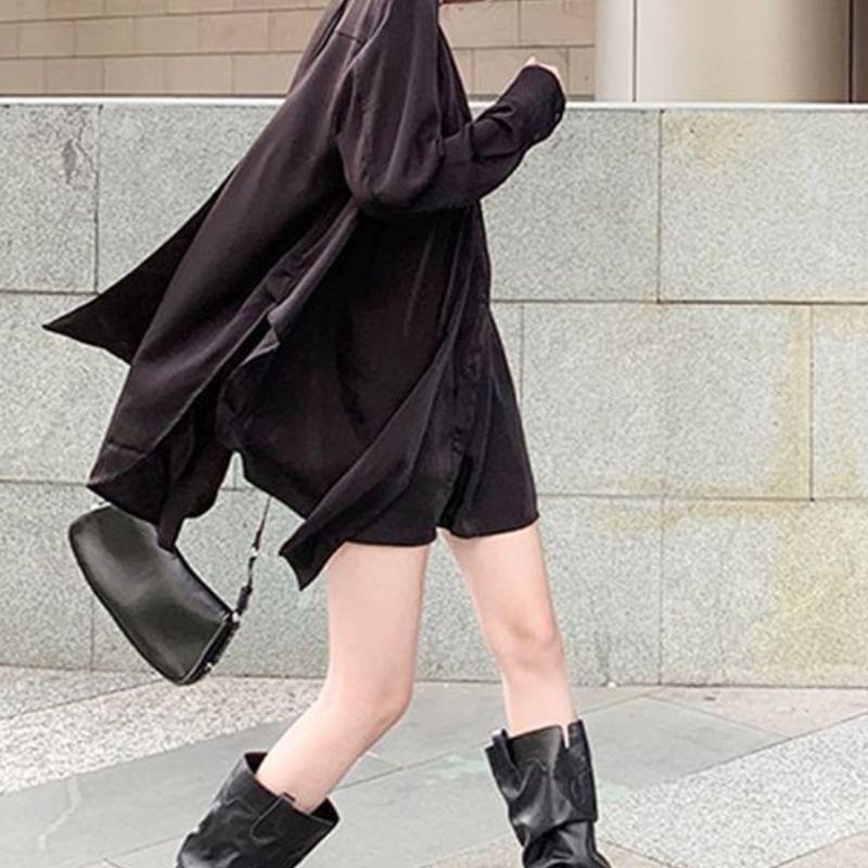 Long Sleeve V-Neck Plain Ruched Mini Shirt Dress Product Image