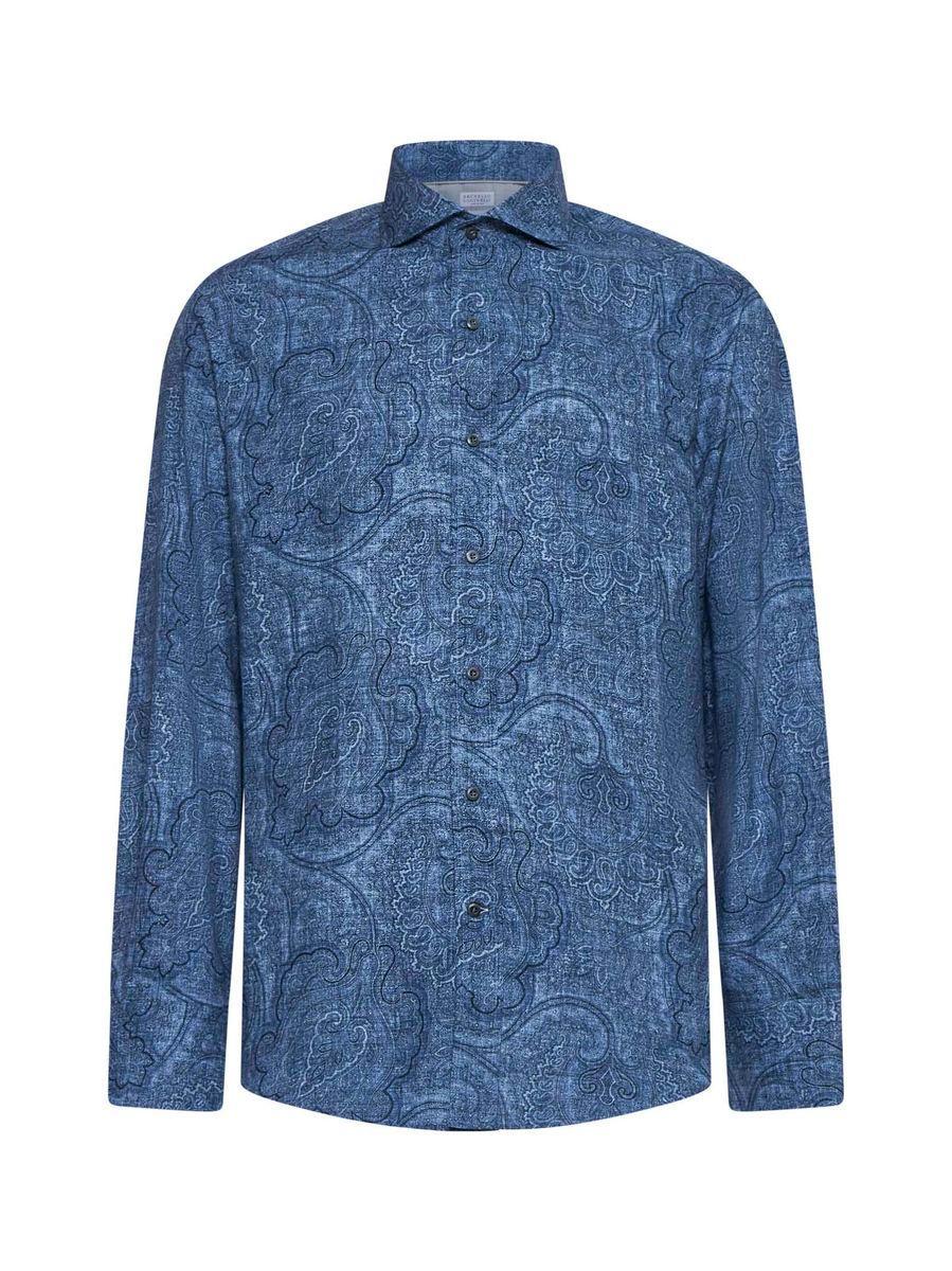 BRUNELLO CUCINELLI Cotton Paisley Slim-fit Shirt In Denim Product Image