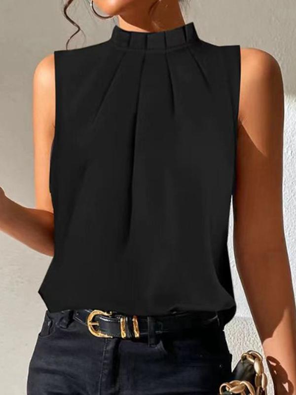 Loose Sleeveless Pleated Solid Color Split-Joint Stand Collar Vest Top Product Image