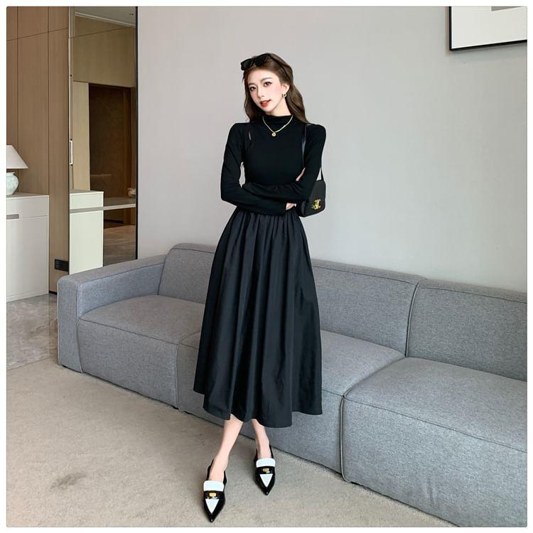 Long Sleeve Mock Neck Plain Gathered Panel Midi A-Line Dress Product Image