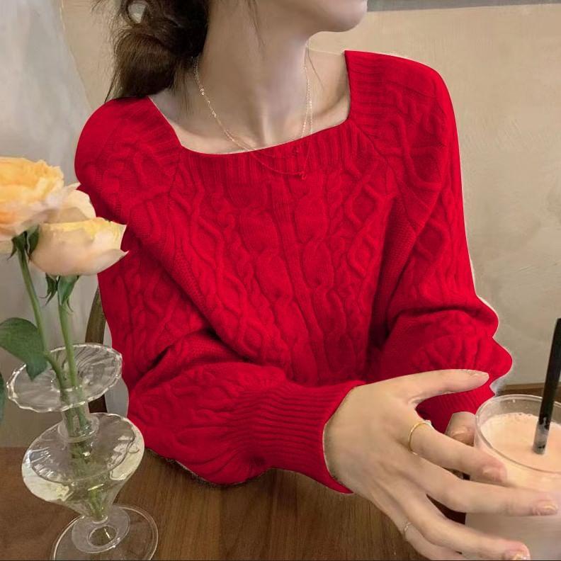 Balloon-Sleeve Cable Knit Plain Sweater Product Image