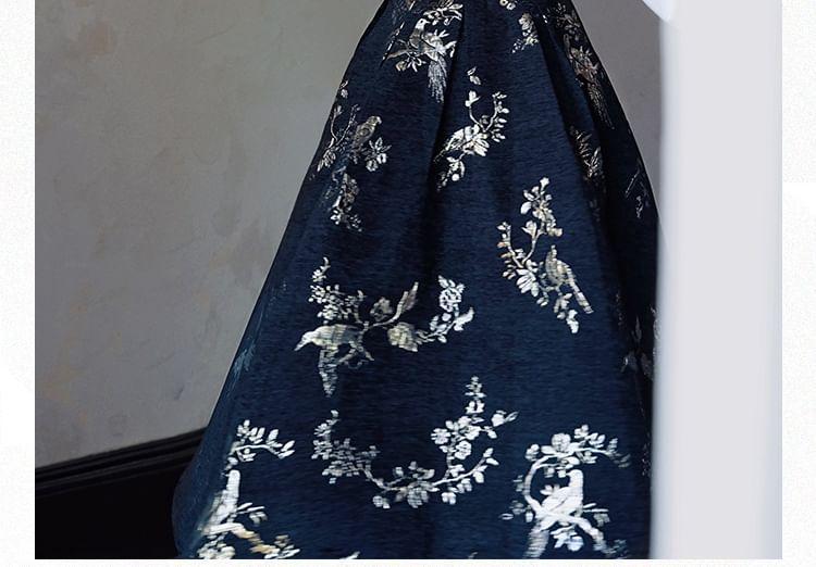 Long Sleeve Mandarin Collar Mock Two Piece Floral Jacquard Midi A-Line Dress Product Image