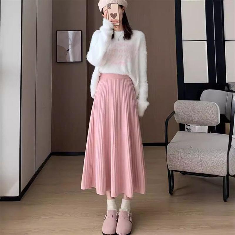 High Waist Plain Ribbed Knit Midi A-Line Skirt Product Image