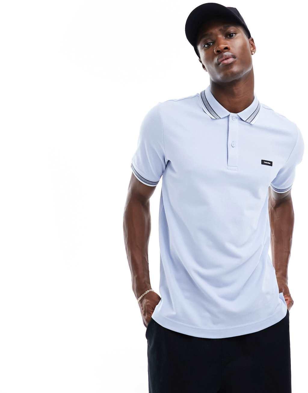 Calvin Klein stretch pique multi tipping polo in blue Product Image