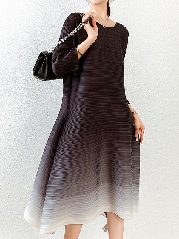 Original Long Sleeves Loose Pleated Gradient Round-Neck Midi Dresses Product Image