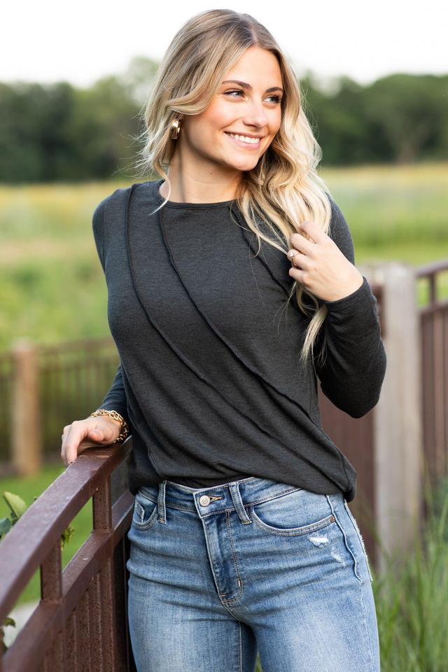 Charcoal Reverse Seam Long Sleeve Knit Top Product Image