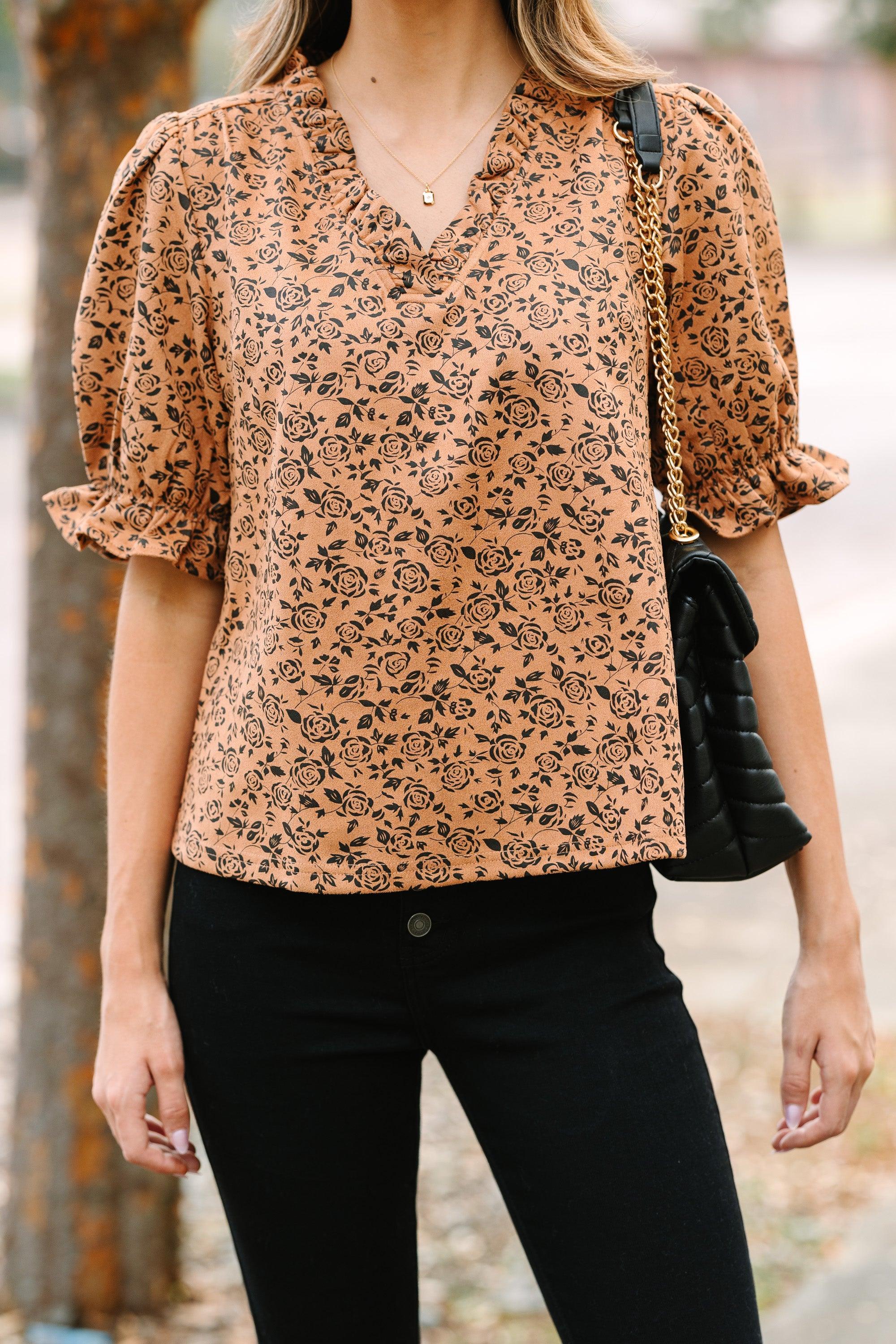 Coming Back To You Camel Brown Faux Suede Blouse Female Product Image