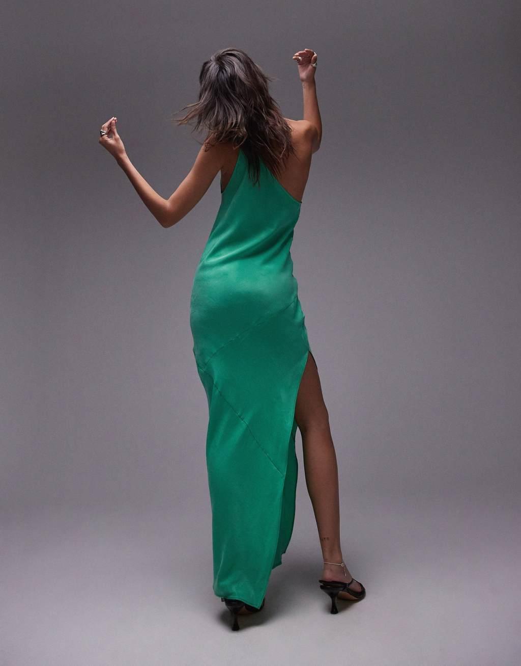 Topshop premium one shoulder cut away hem midi dress in green Product Image