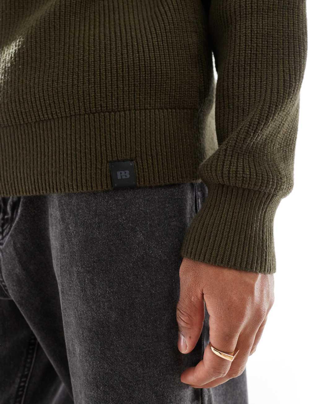 Pull&Bear knit fisherman sweater in olive Product Image