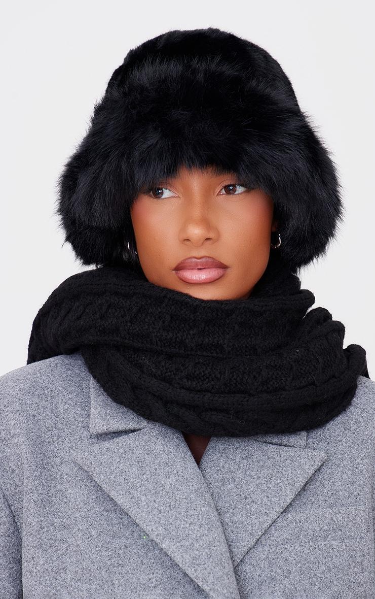  Black Faux Fur Fluffy Trim Bucket Hat Product Image