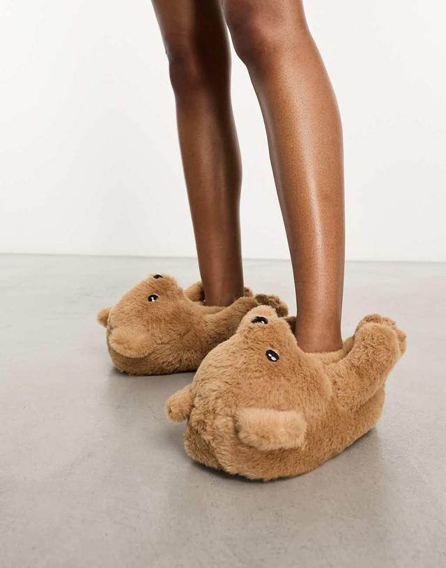 ASOS DESIGN Ziggy teddy bear slippers in tan Product Image