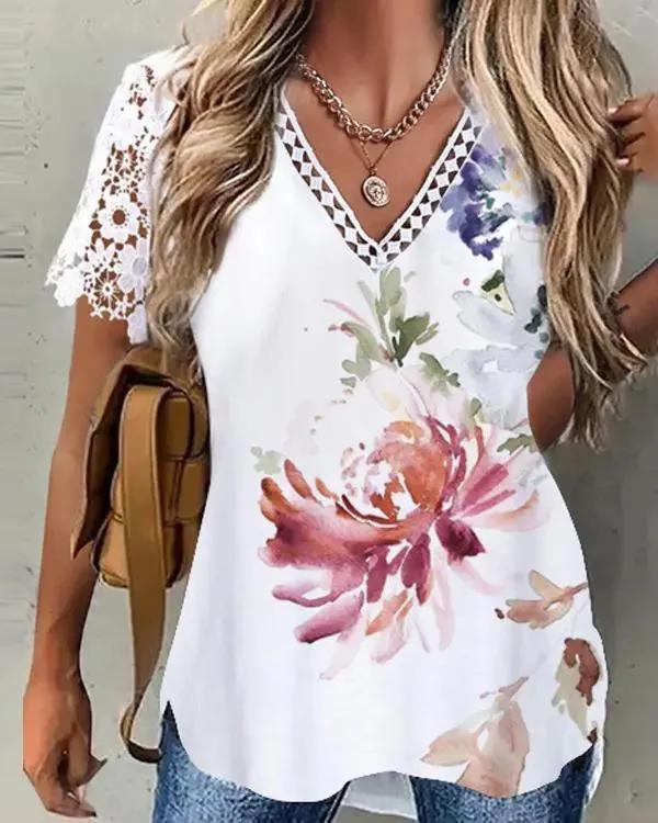 Olivia Mark – Contrast Lace Floral Print T-Shirt Product Image