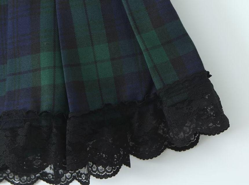 Mid Rise Plaid Buckled Lace Ruffle Mini A-Line Skirt Product Image