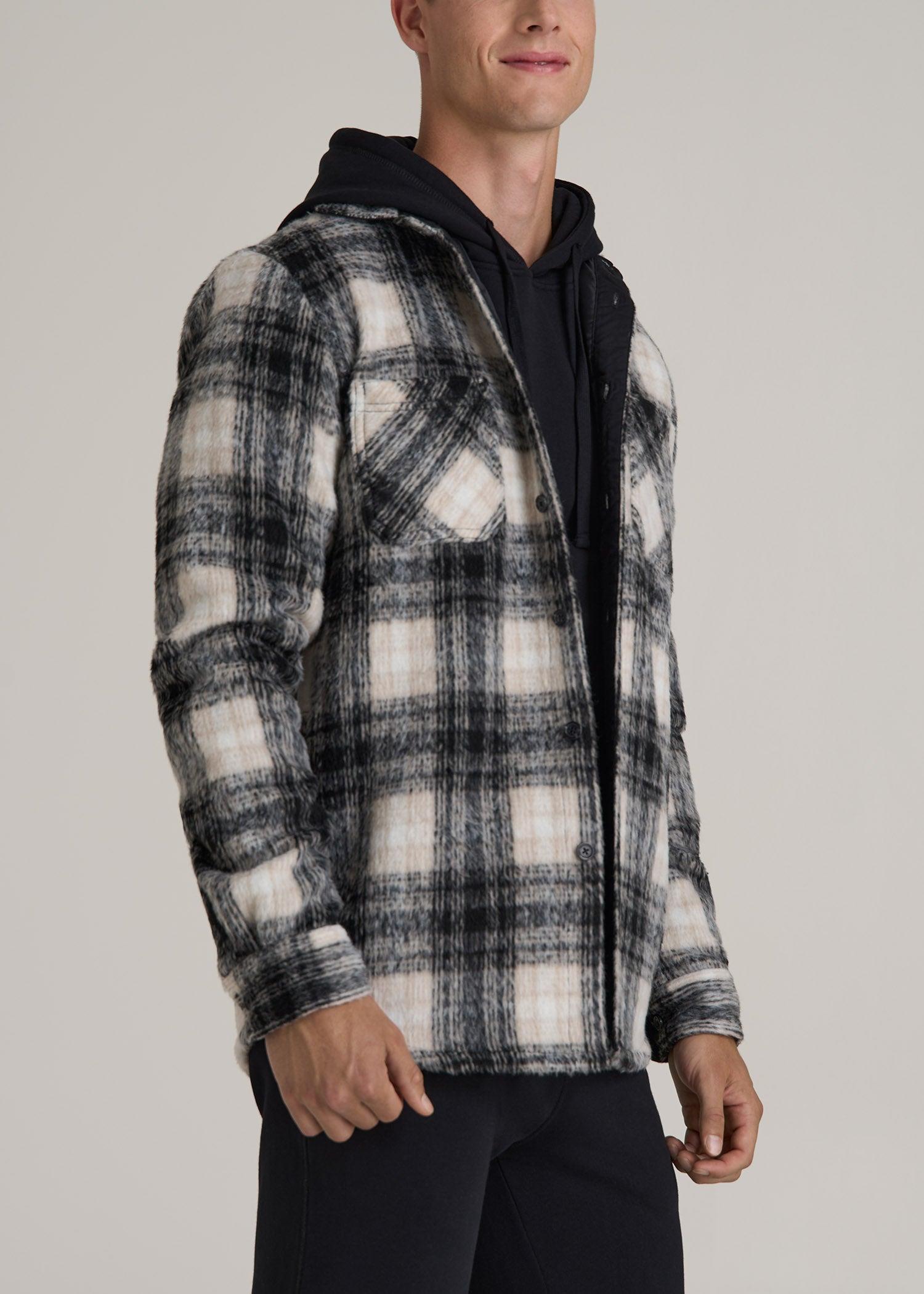 Heavyweight Brushed Flannel Overshirt for Tall Men in Ecru and Black Plaid Male Product Image