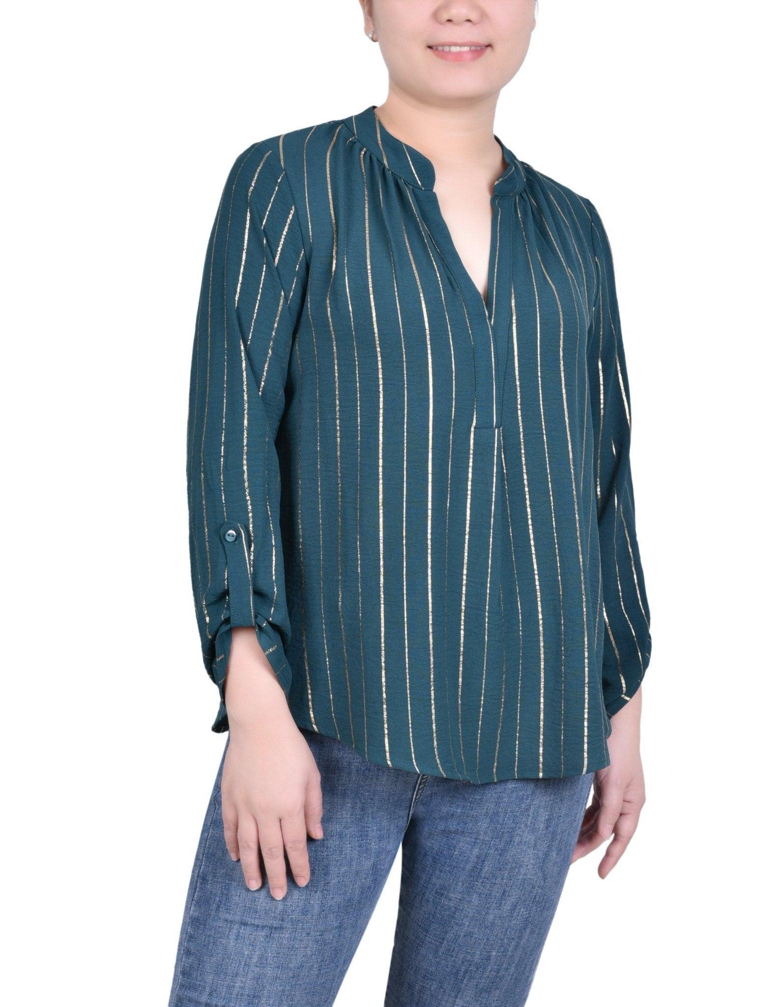 NY Collection Long Sleeve Foil Striped Blouse - Petite Product Image