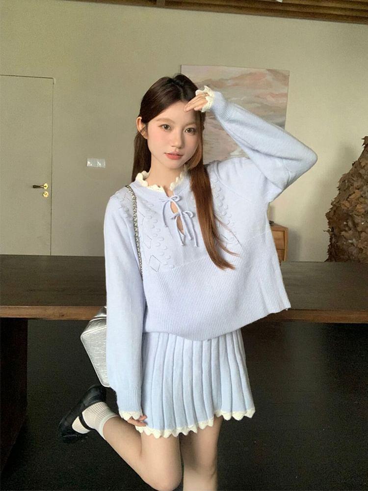 Set: Long-Sleeve Scallop Edge Frog Buttoned Sweater + High Waist Mini A-Line Skirt Product Image