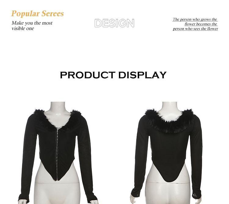 Long-Sleeve Plain Fluffy Trim Asymmetrical Cropped Tee Product Image