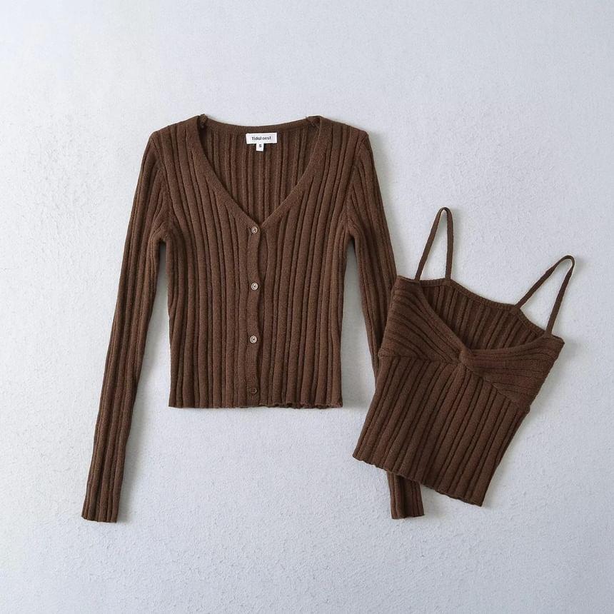 Set: Plain Cardigan + Twisted Crop Cami Top Product Image