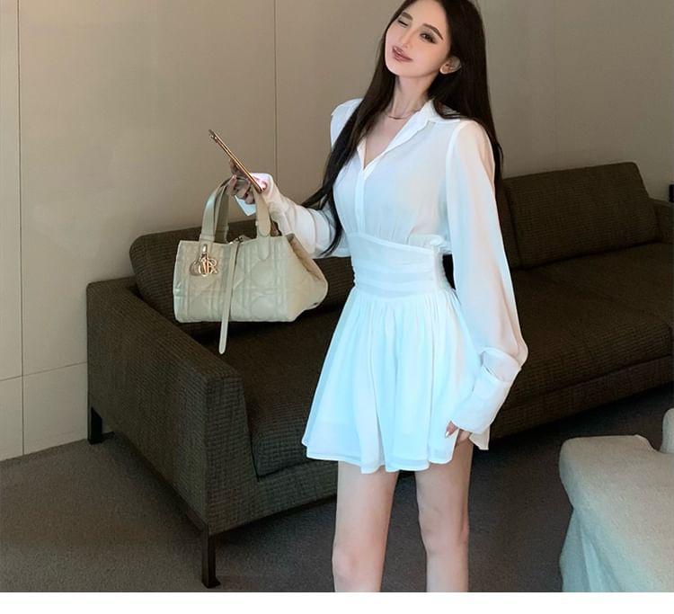 Long Sleeve V-Neck Plain Pleated Mini Shirt Dress Product Image