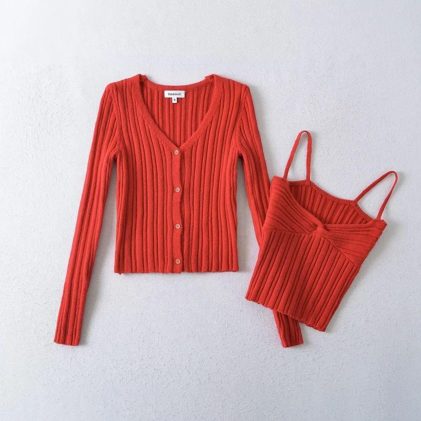 Set: Plain Cardigan + Twisted Crop Cami Top Product Image