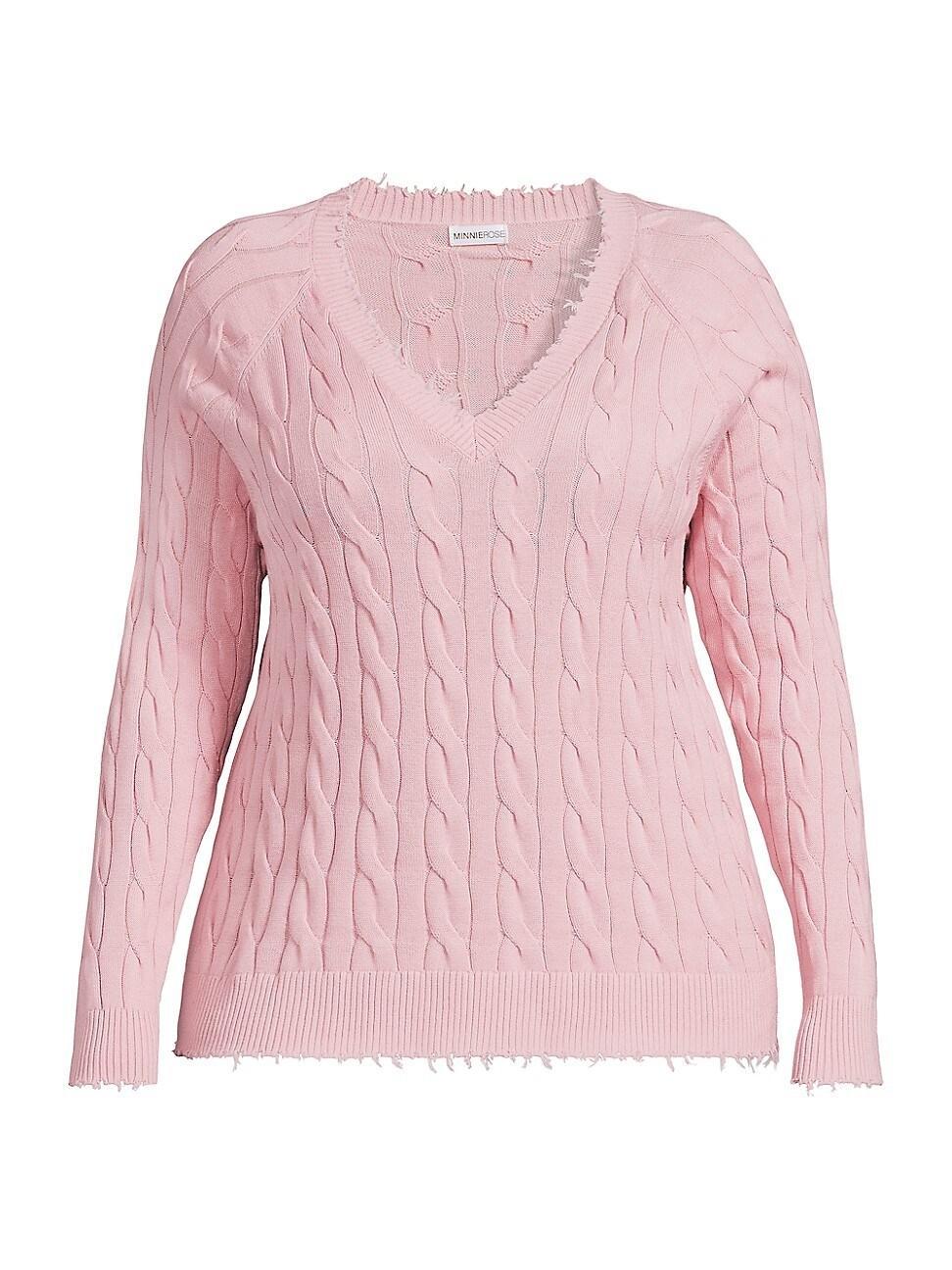 Womens Frayed Cable-Knit V-Neck Sweater Product Image