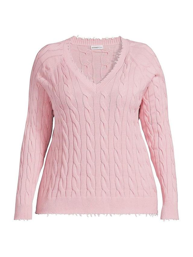 Womens Frayed Cable-Knit V-Neck Sweater Product Image