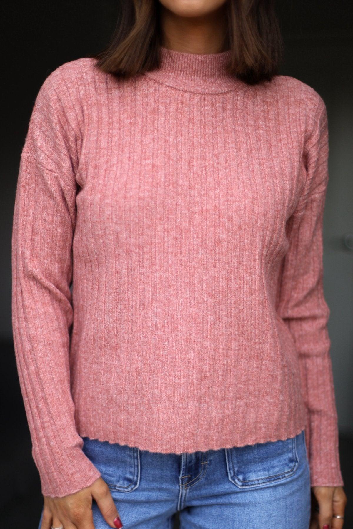 Pink Ribbed Mock Neck Sweater - FINAL SALE Product Image