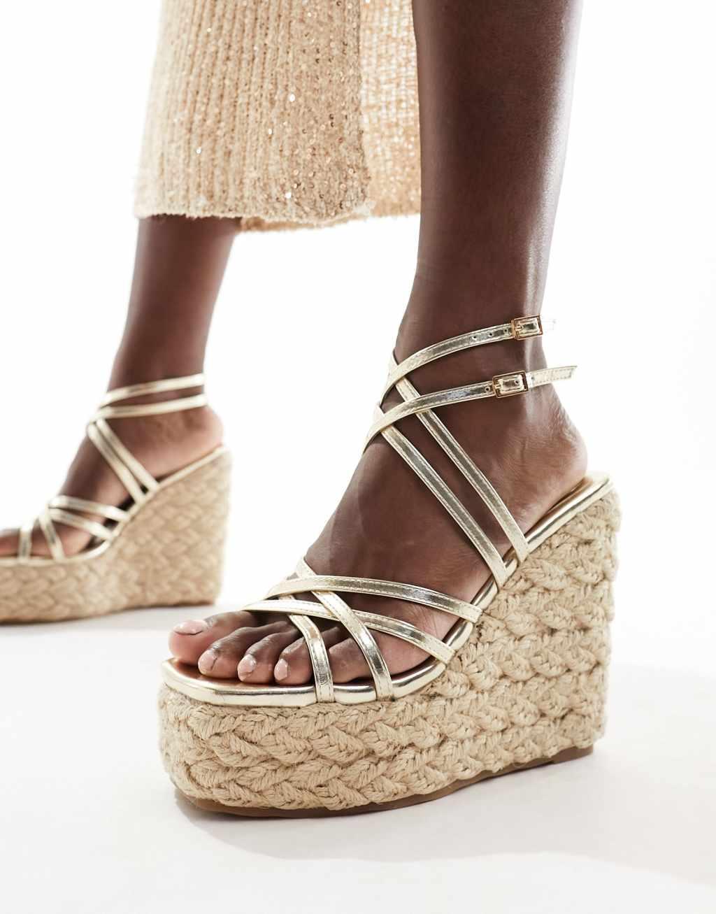 Simmi London Akela strappy espadrille in gold metallic Product Image