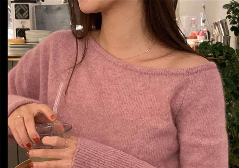 Long Sleeve Off Shoulder Plain Sweater Product Image