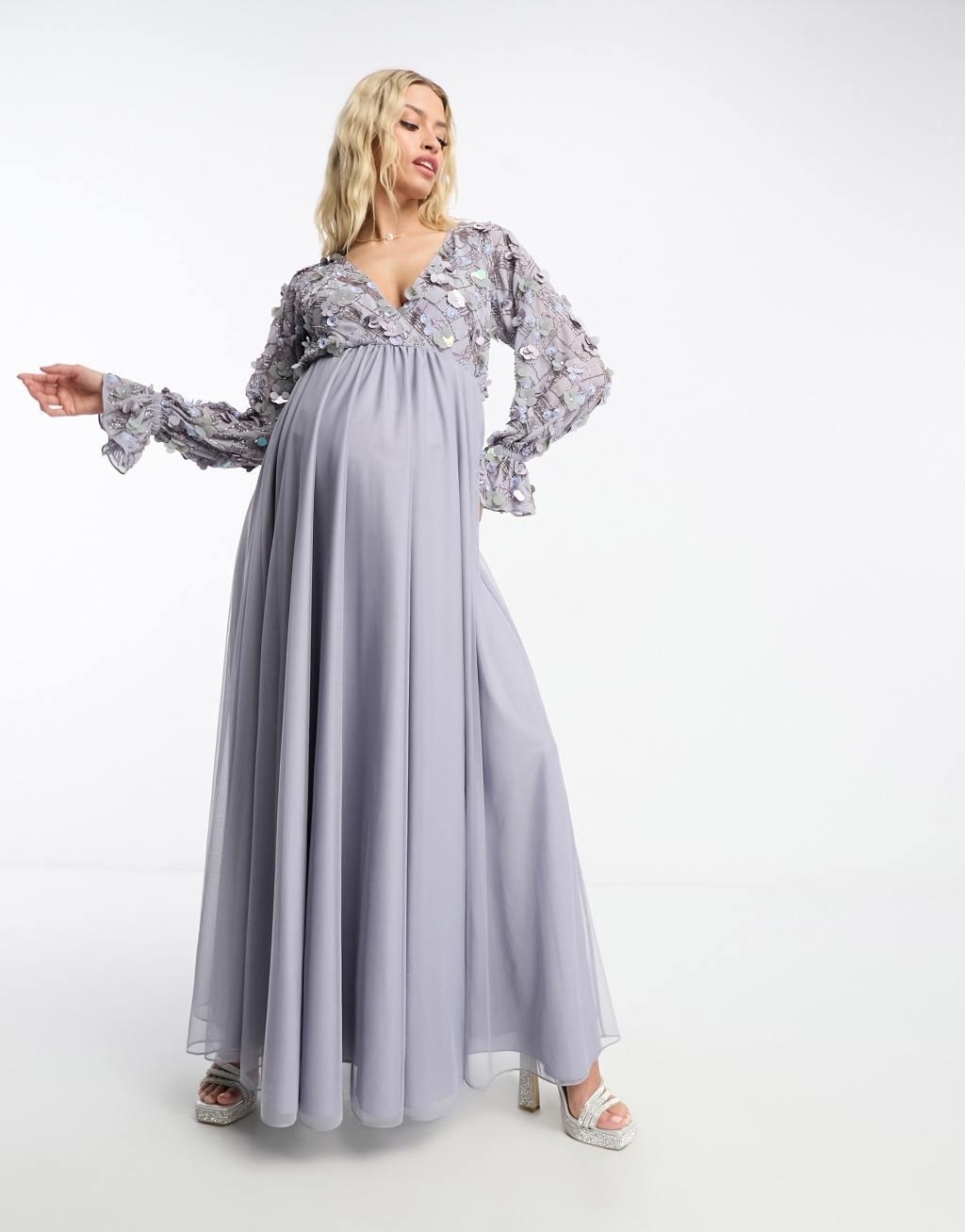 ASOS DESIGN Maternity embellished wrap front tulle skirt midaxi dress with floral detail in lilac Product Image