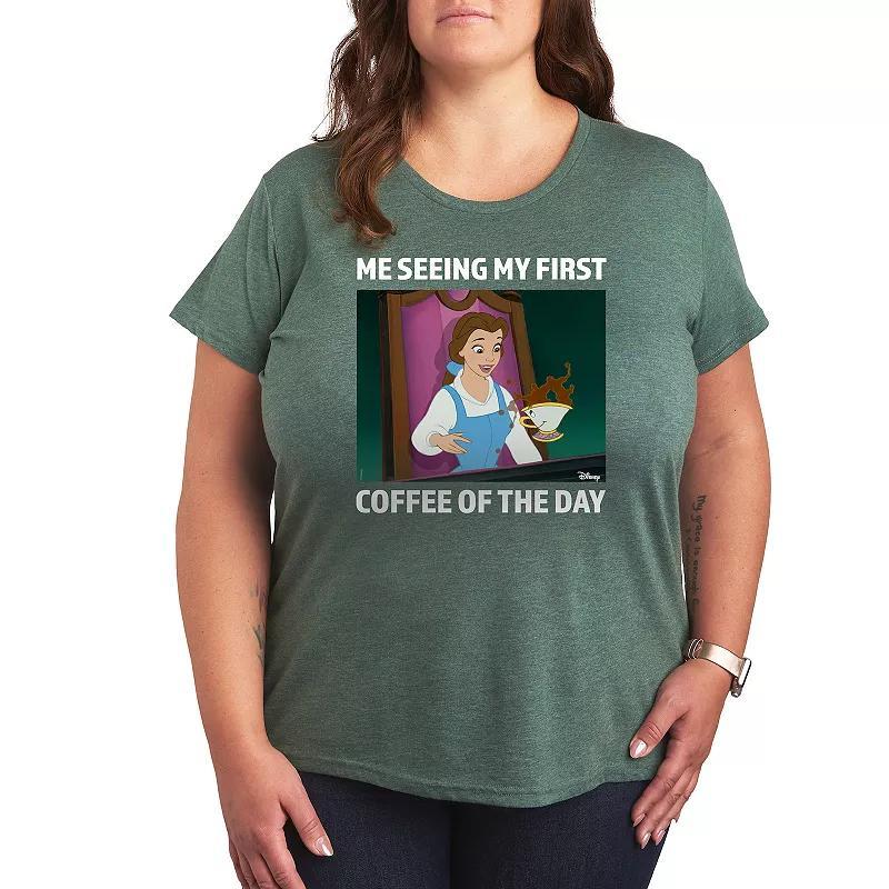 Disney Princess Belle Plus First Coffee Of The Day Meme Graphic Tee, Womens Grey Green Product Image