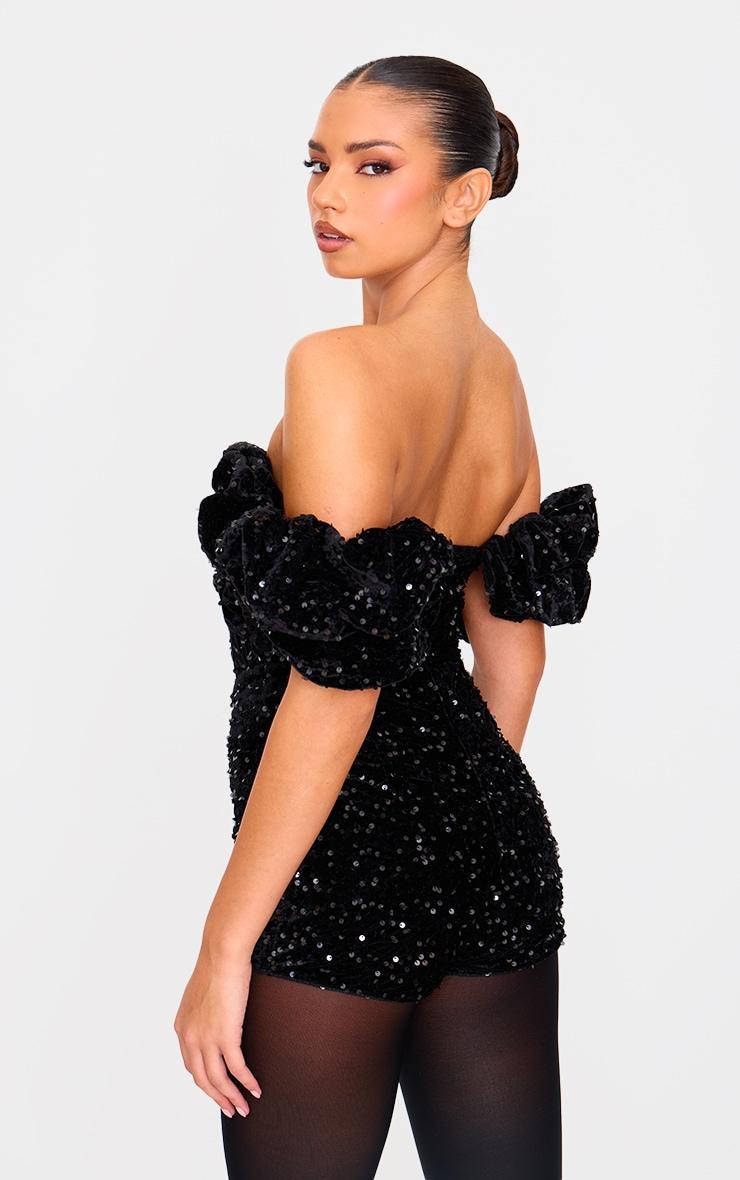 Black Velvet Sequin Puff Sleeve Romper Product Image