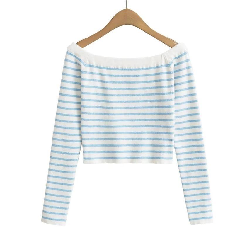 Long-Sleeve Off Shoulder Striped Crop Knit Top Product Image